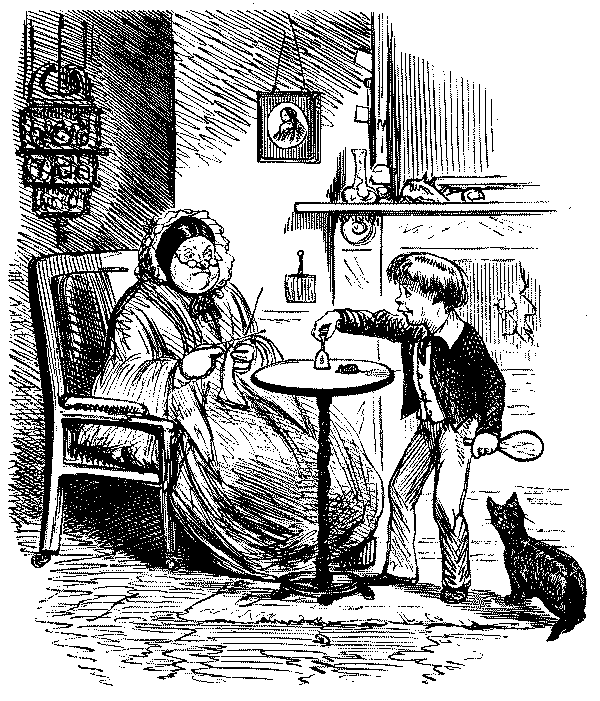Boy speaking to grandmother.