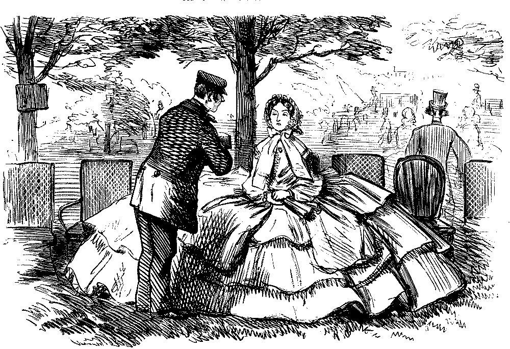 Lady in large crinoline sitting on hire chairs