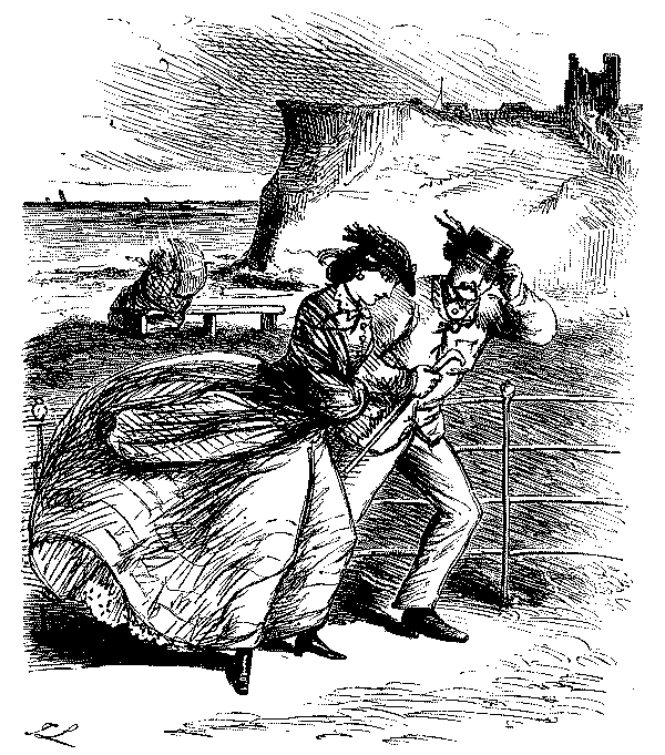 Couple braving a gale force wind.