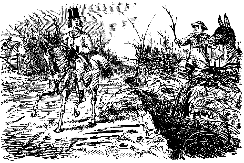 Boy on a donkey speaking to well dressed rider.