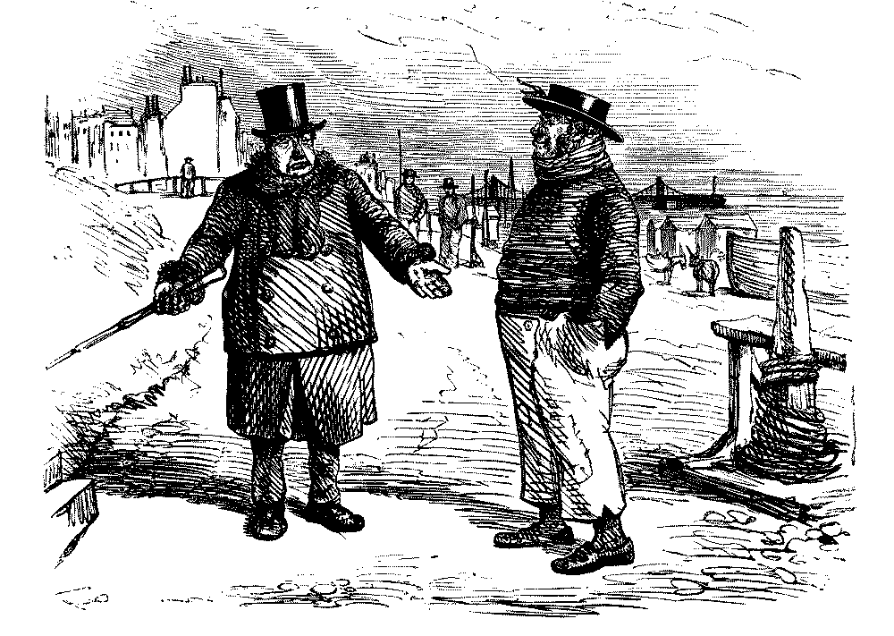 Elderly well dress gent. speaking to boatman.