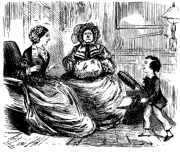 Mother in company with another, talking to her son.