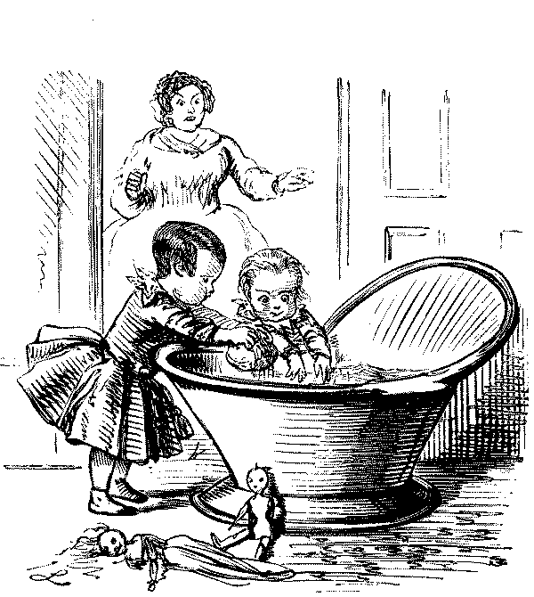 Small child bathing even smaller child.