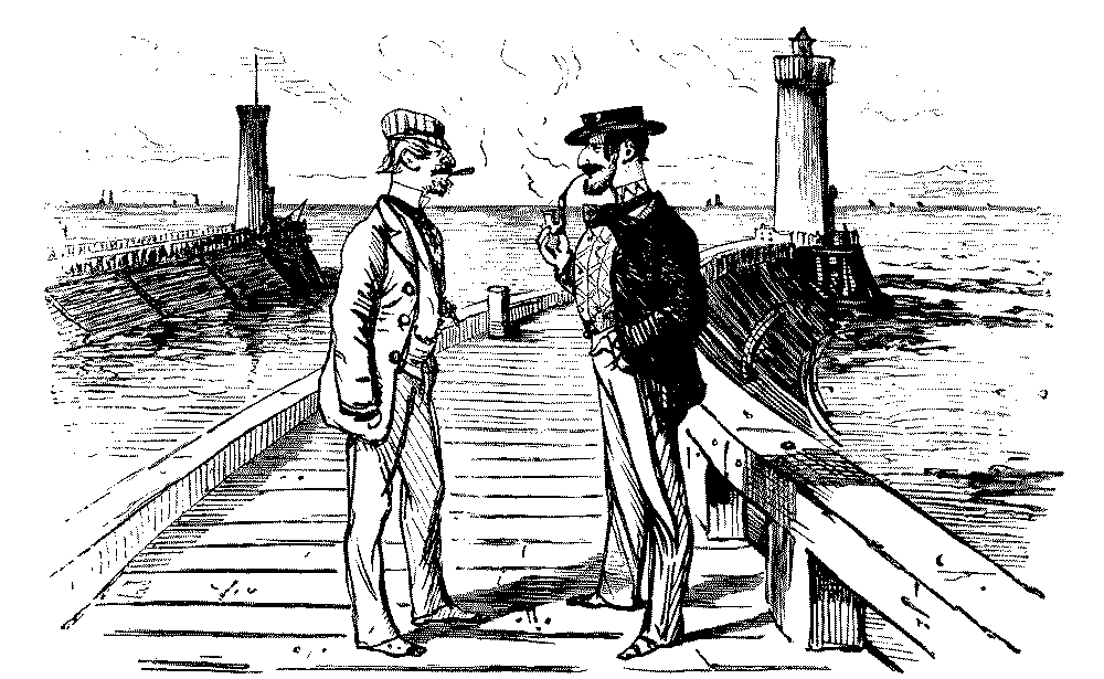 Two men smoking tobacco on a pier.