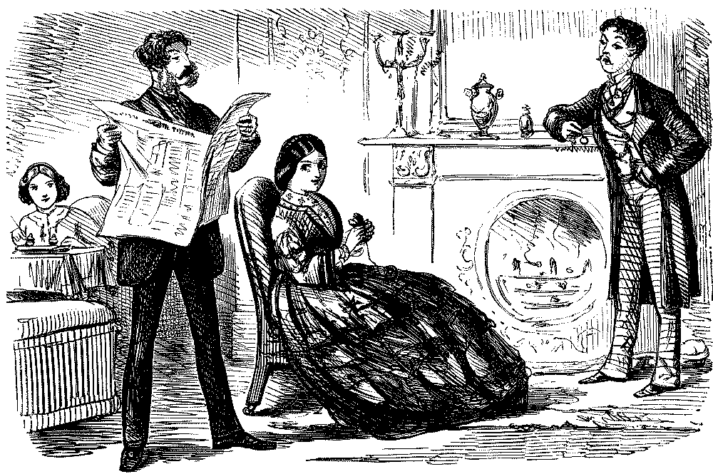Man reading newspaper to lady.