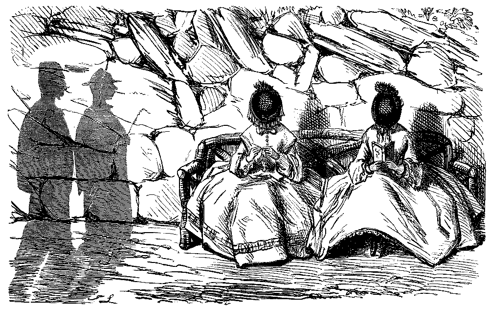 Two veiled ladies discussing approaching men.