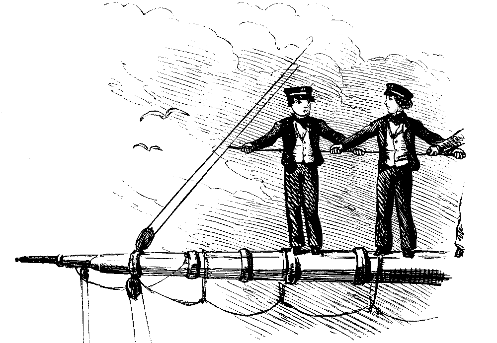 Two sailor cadets standing on the yard arm.