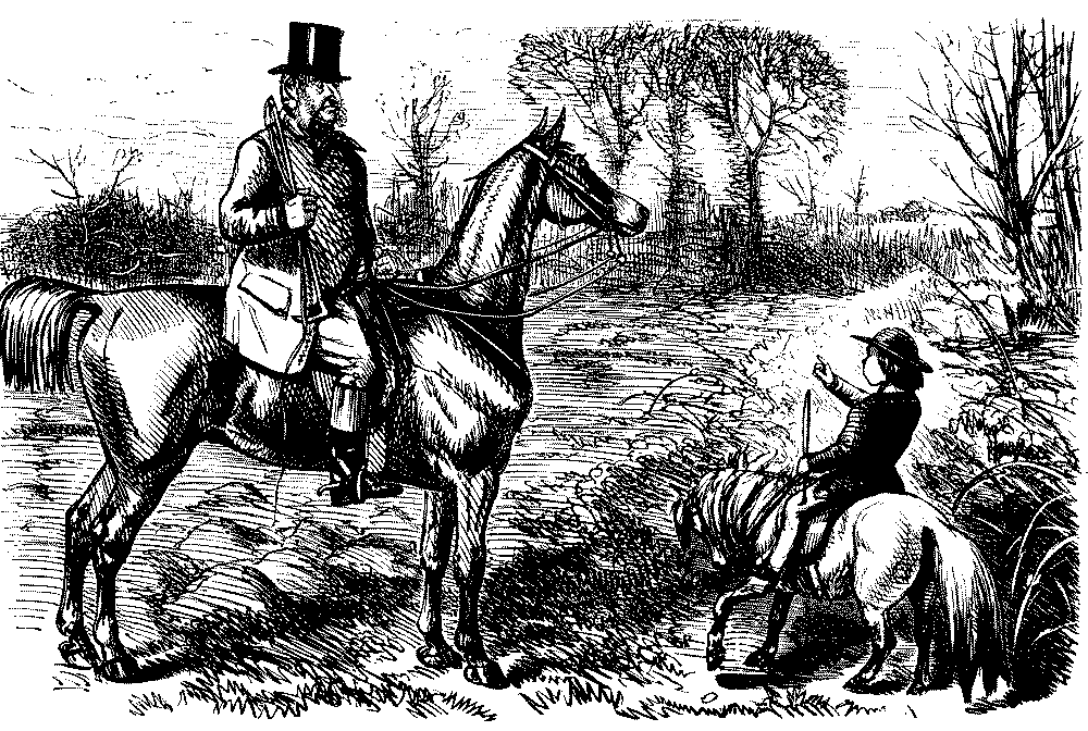 Boy on a pony talking to the Master of Foxhounds.