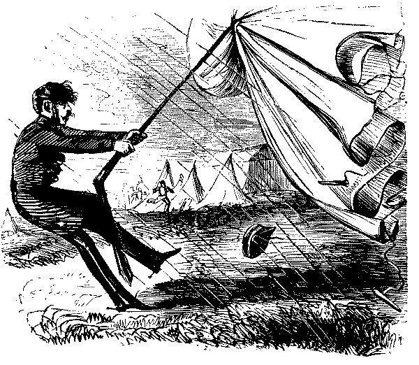 Soldier attempting to restrain tent in high wind.