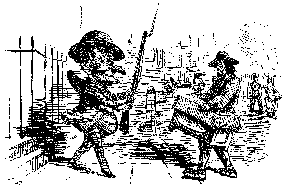Mr. Punch presenting a rifle to  a street musician.