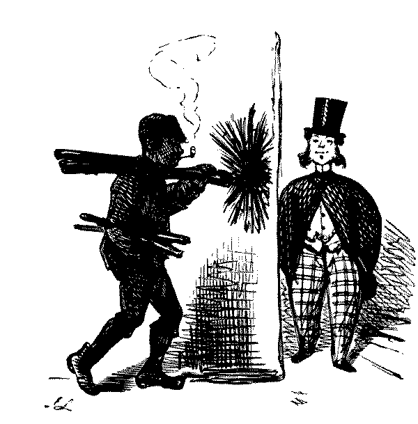 Sweep carying brush, about to round a corner with a man approaching.