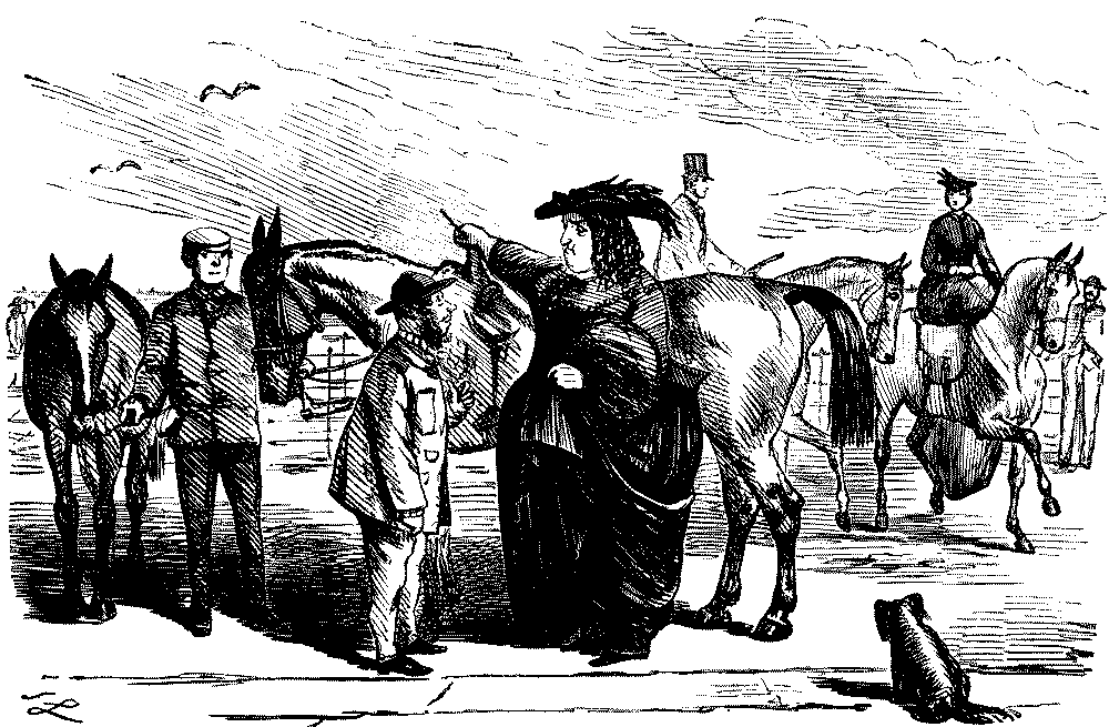 Very large lady about to mount a horse.