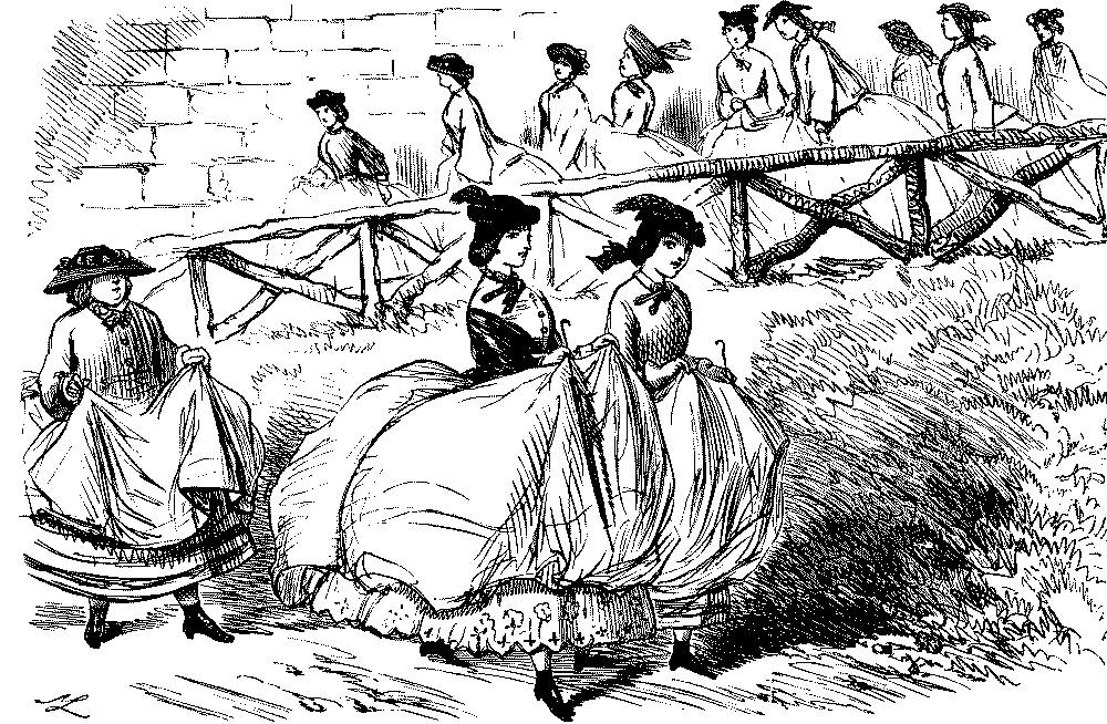 Ladies in crinolines rushing for a bathing machine.