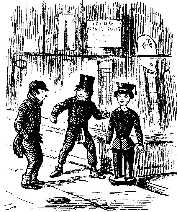 Two boys with  a tailors dummy.