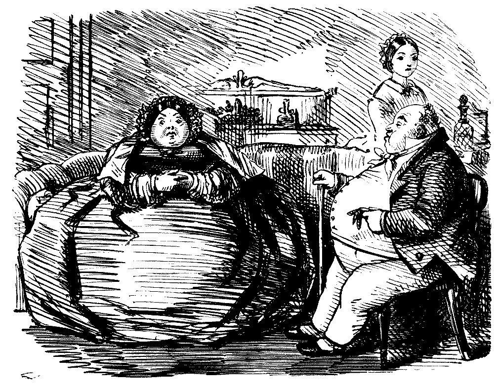 Two stout people in conversation.