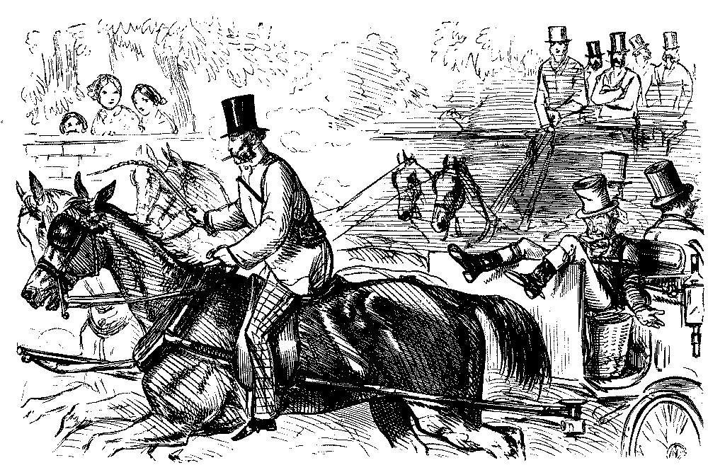 Man tied to carriage, friend riding the horse.