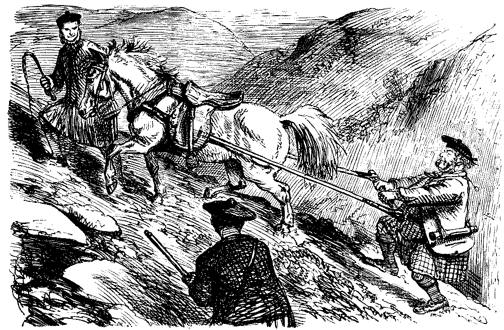 Man being hauled up a steep hill by a harnessed horse.
