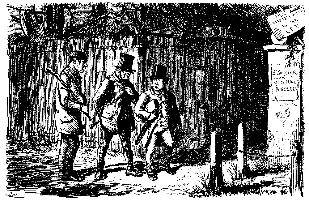 Two thuggish men talking to gent.