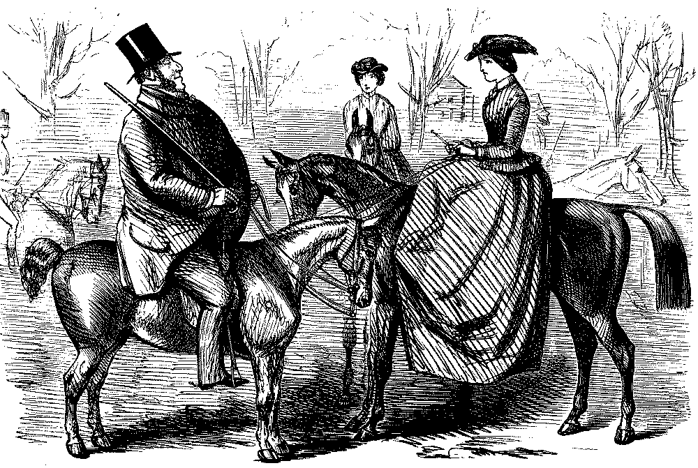 Large man talking to lady horse rider.