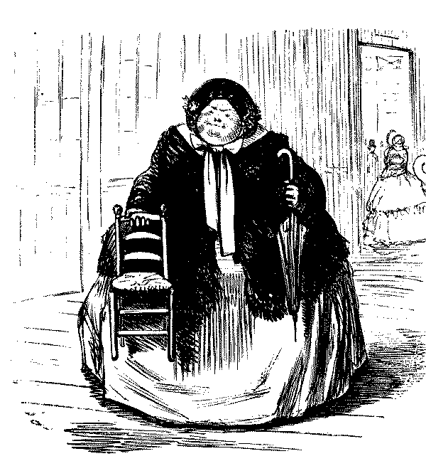 Large lady with small chair.