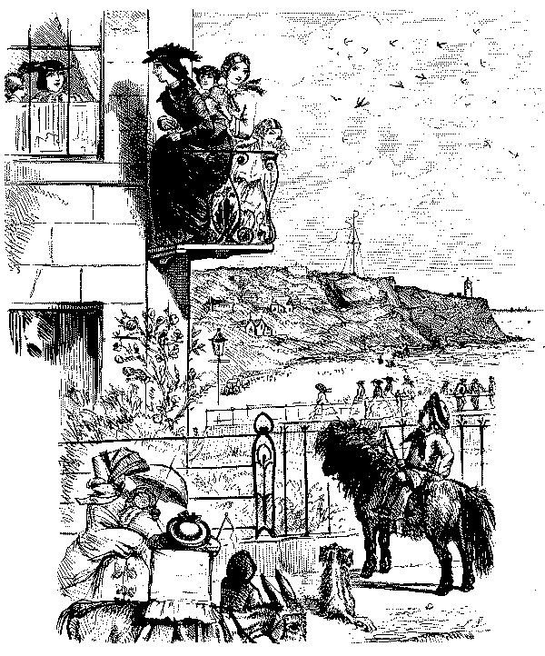 Boy on horse speaking to girls on a balcony.
