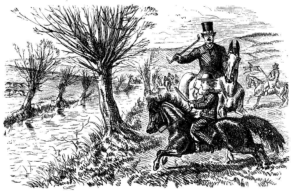 Small boy on a pony, with rider on a larger horse.