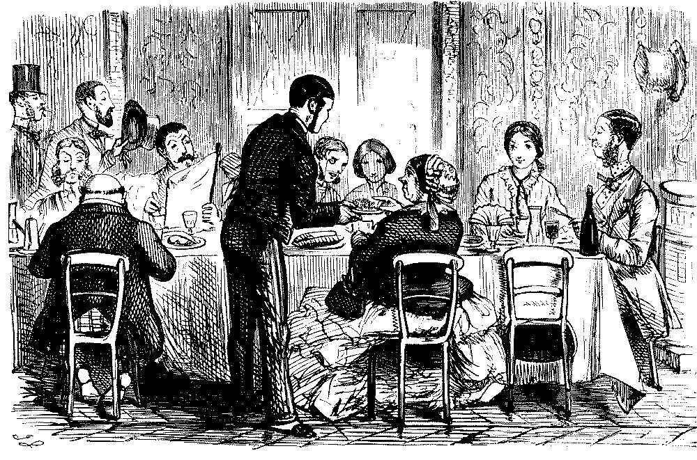 Waiter serving food to lady.