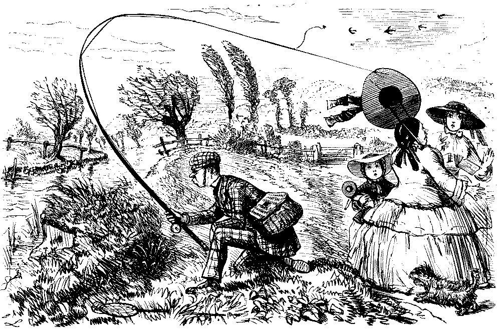 Man with fish hook caught in ladies hat
