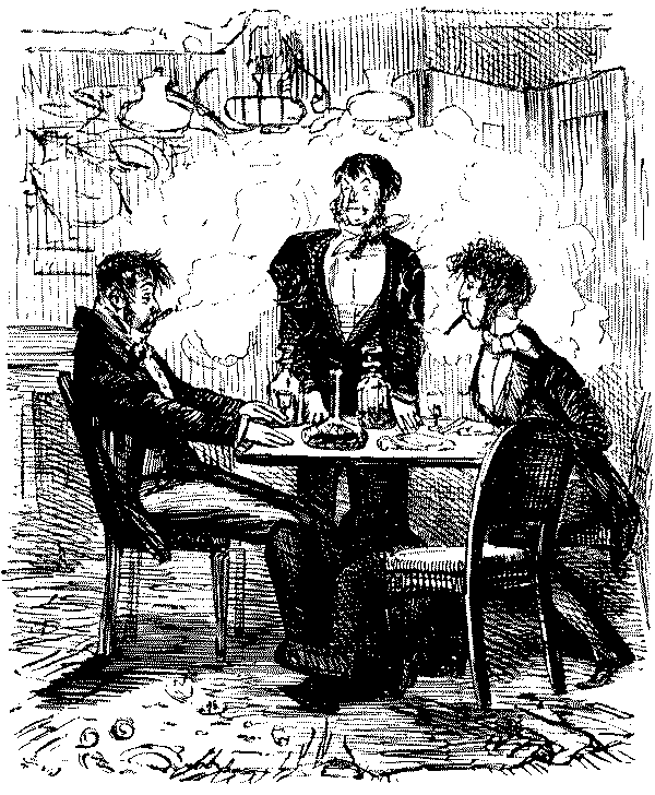 Three men, worse the wear for drink.