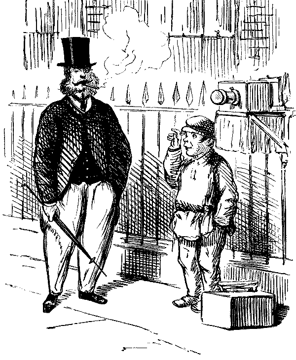 Bootblack speaking to gent.