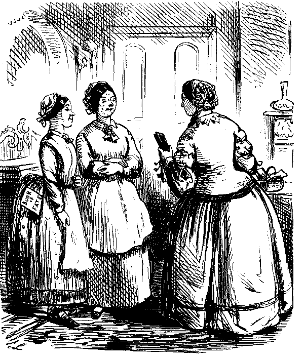 Mistress speaking with two housemaids.