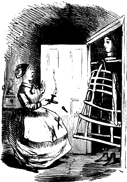 Maid finding crinoline frame in cupboard.