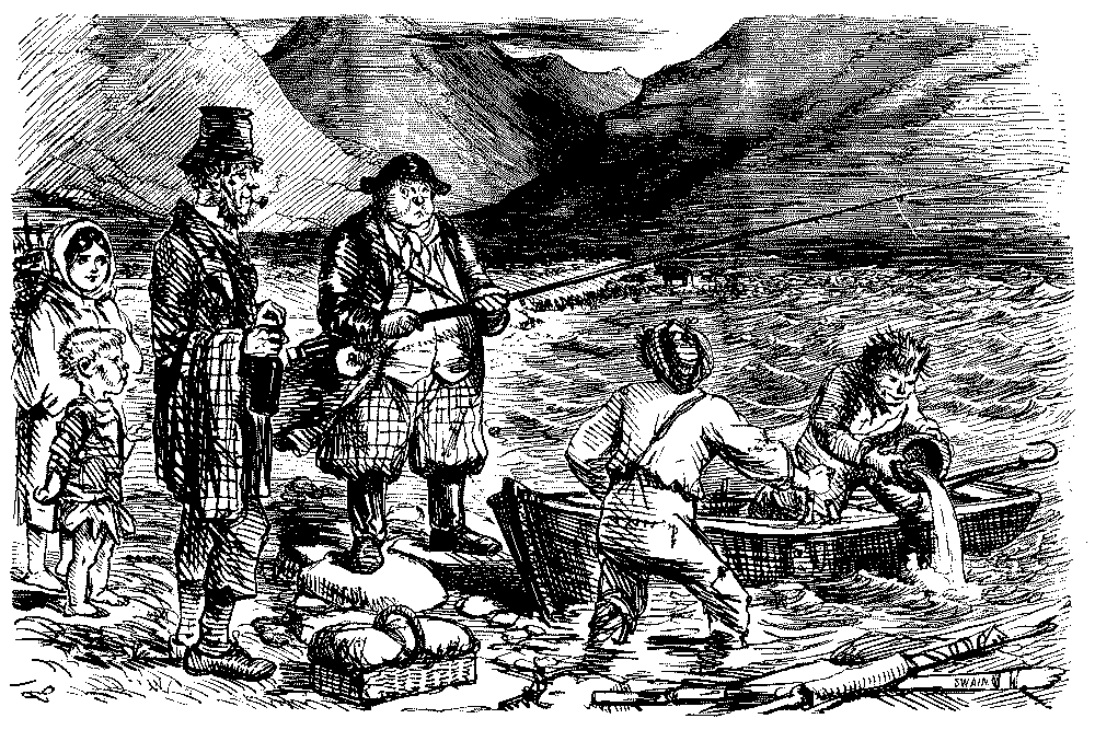 Boatman bailing out leaky boat.