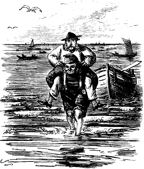 Man being carried ashore by fisherman.