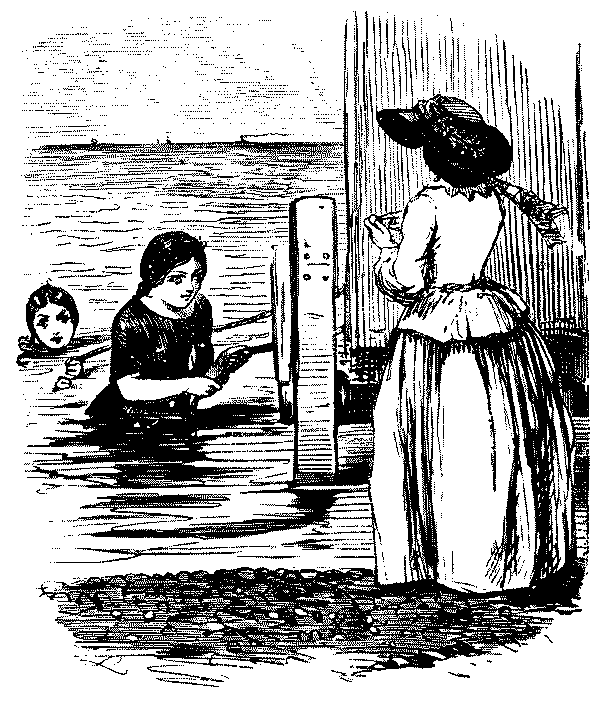 Lady waiting for vacant bathing machine,