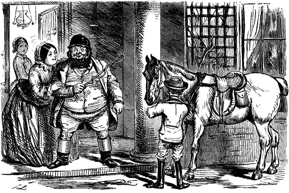 Very large man about to mount a horse