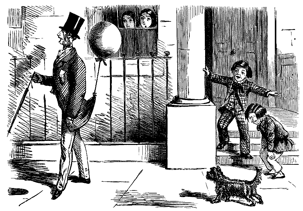 Man with ballon tied to the tail of his coat.