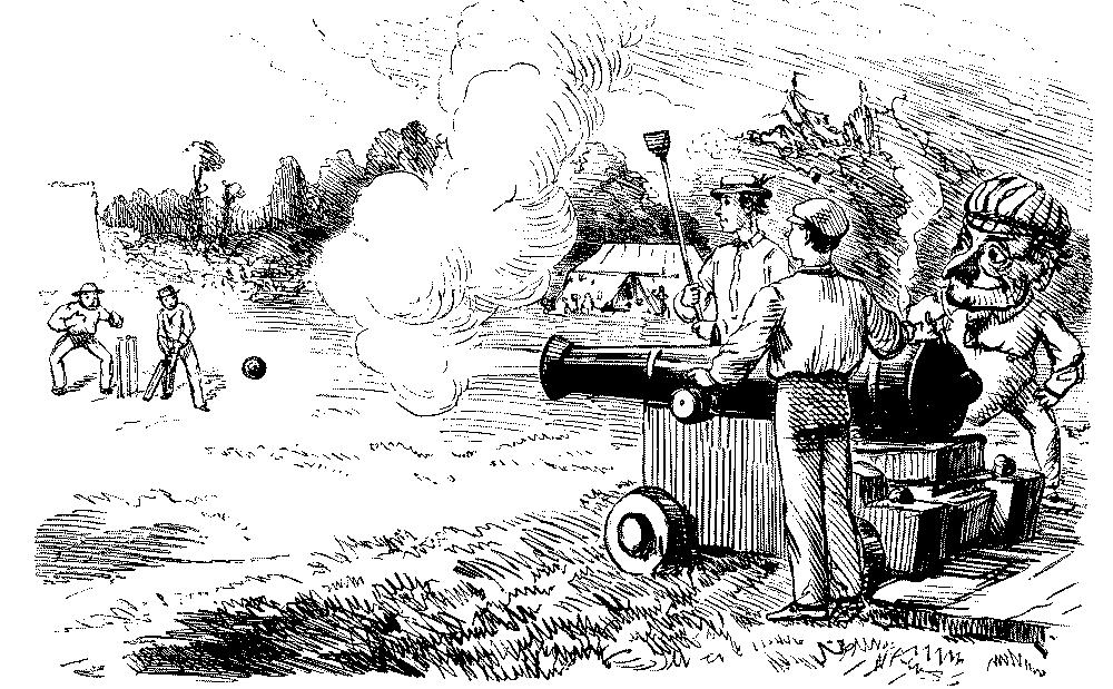 Cartoon. Men firing cricket ball from cannon.