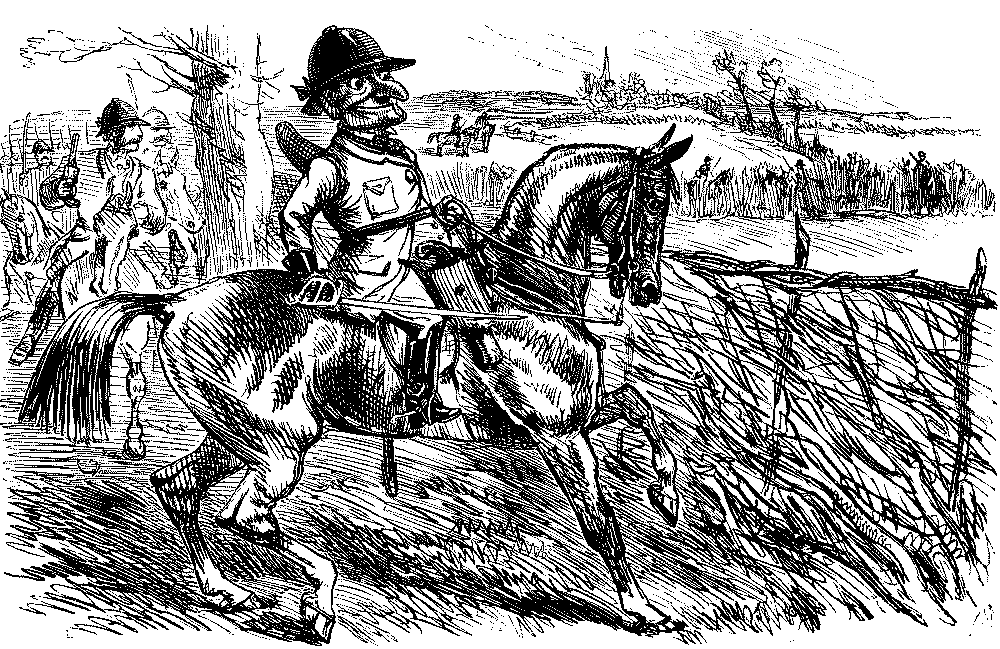 An armed Mr. Punch riding a horse.