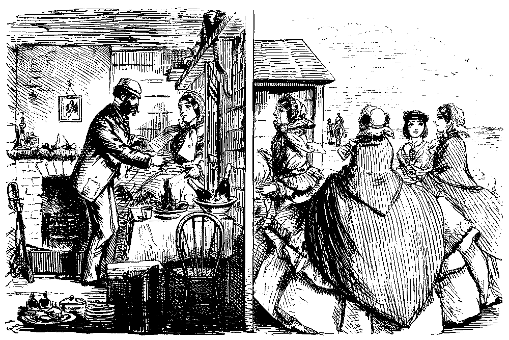 Ladies in crinolines trying to get into a small hut.