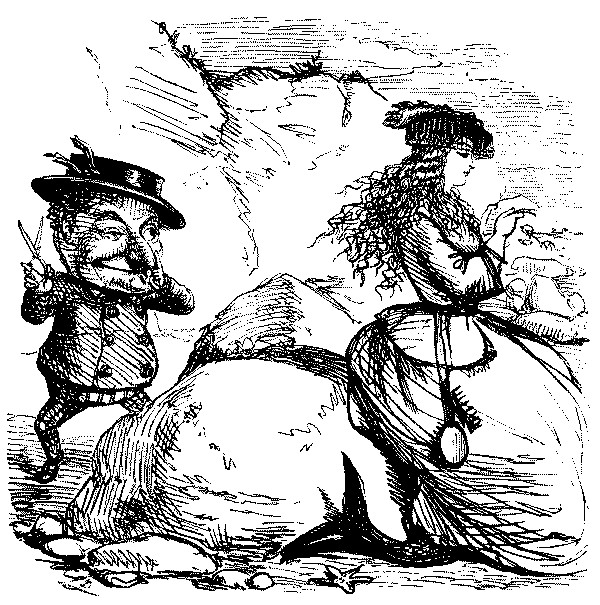Mr. Punch with scissors about to cut ladie's hair.
