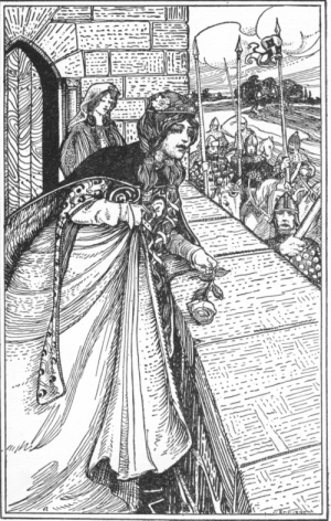 Arthur saw Guinevere bending over the wall Arthur and Guinevere