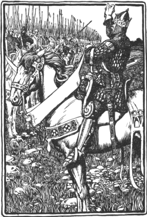 King Arthur raising his hand for silence King Arthur giving speech