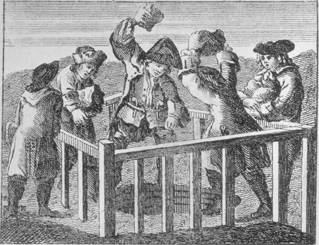 The Bloody Smugglers flinging down Stones after they had flung his Dead Body into the Well.