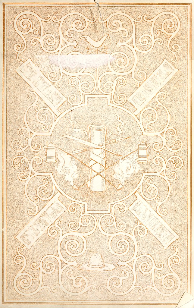 Decorative endpaper with symmetrical scrollwork and crossed quills
