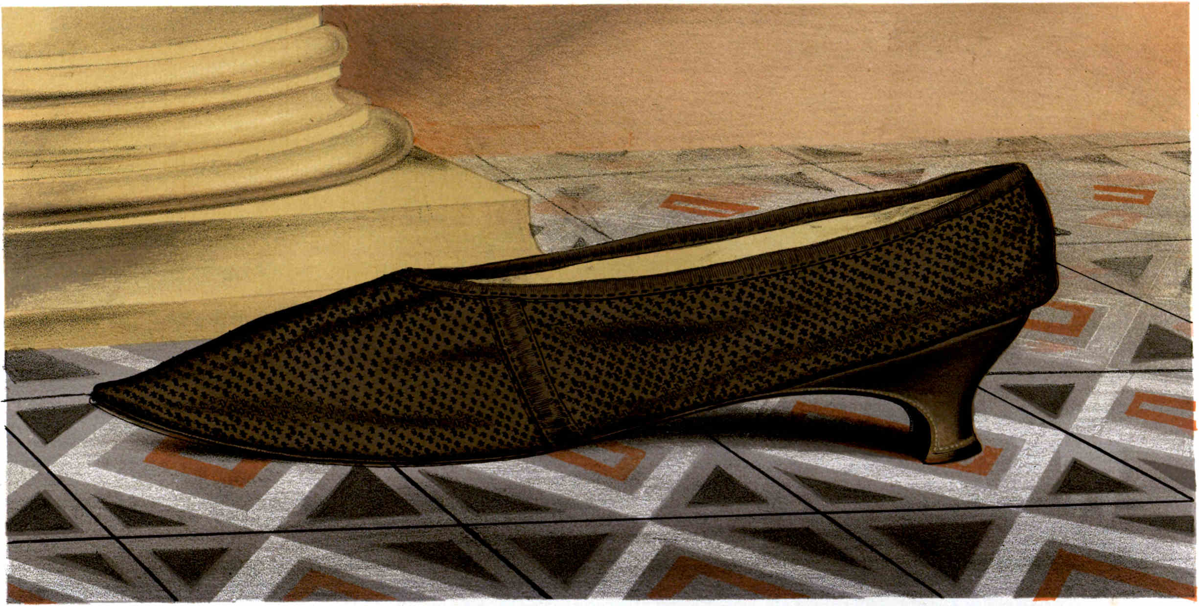 A dark low-heeled shoe with a pointed toe, covered in a repeating pattern of small dots.