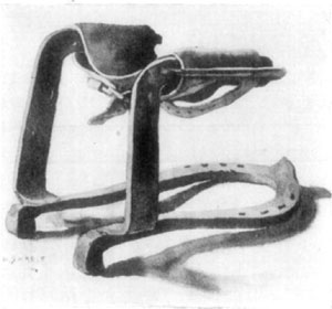 Fig. 27—A good style of shoe for bracing the fetlock where tenotomy has been performed, or in case of traumatic division of the flexor tendons. An invention of Dr. G.H. Roberts. Fig. 27—A good style of shoe for bracing the fetlock where tenotomy has been performed, or in case of traumatic division of the flexor tendons. An invention of Dr. G.H. Roberts.