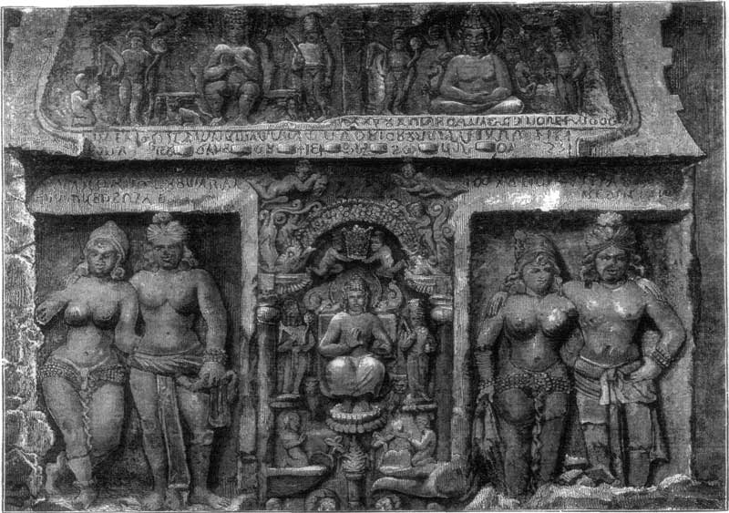 SCULPTURED FIGURES IN THE VESTIBULE OF THE GREAT SHAÎTYA OF KARLI.