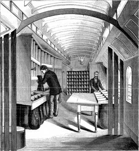 INTERIOR OF A POSTAL CAR.