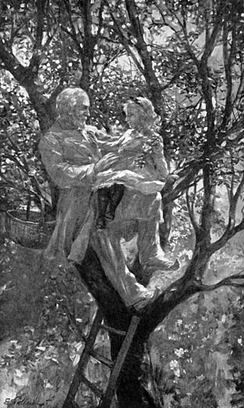 An old man with a beard is sitting in a tree with a girl on his knee. There is a basket hanging on a nearby branch and a ladder below them.